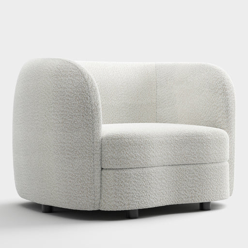 Right facing contemporary off-white metallic boucle curved kidney armchair on a white background