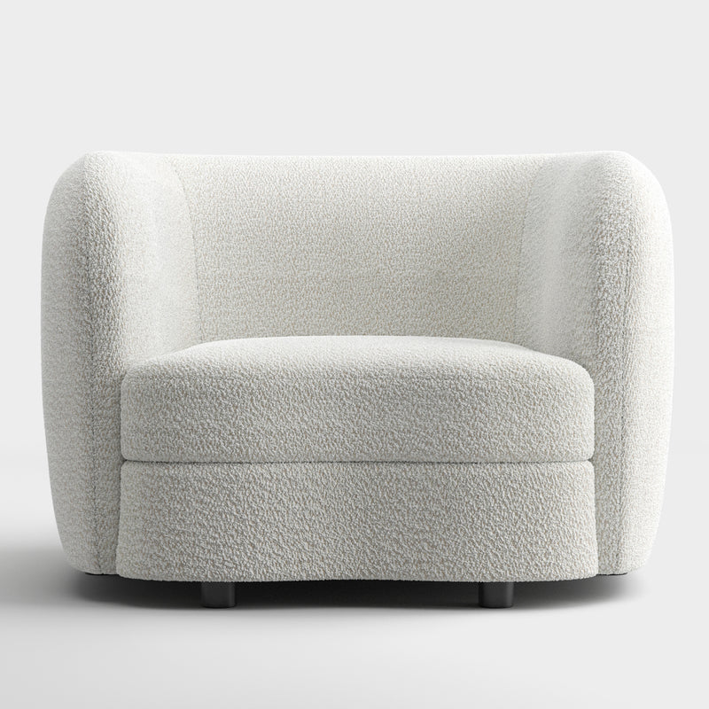 Front facing contemporary off-white metallic boucle curved kidney armchair on a white background