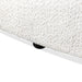 Left facing close up view of the leg on a contemporary off-white metallic boucle curved kidney loveseat on a white background