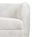 Front facing close up view of the upholstery and armrest on a contemporary off-white metallic boucle curved kidney loveseat on a white background