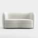 Front facing contemporary off-white metallic boucle curved kidney loveseat on a white background
