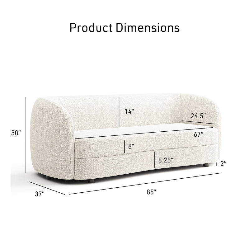 Informational image of the dimensions of a contemporary off-white metallic boucle curved kidney sofa