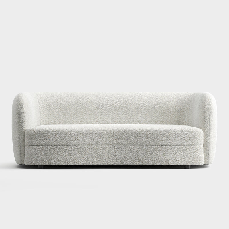 Front facing contemporary off-white metallic boucle curved kidney sofa on a white background