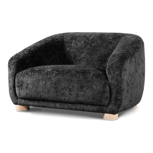 Left facing contemporary black chenille sloping tuxedo accent armchair on a white background