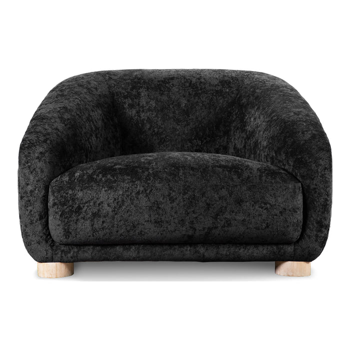 Front facing contemporary black chenille sloping tuxedo accent armchair on a white background