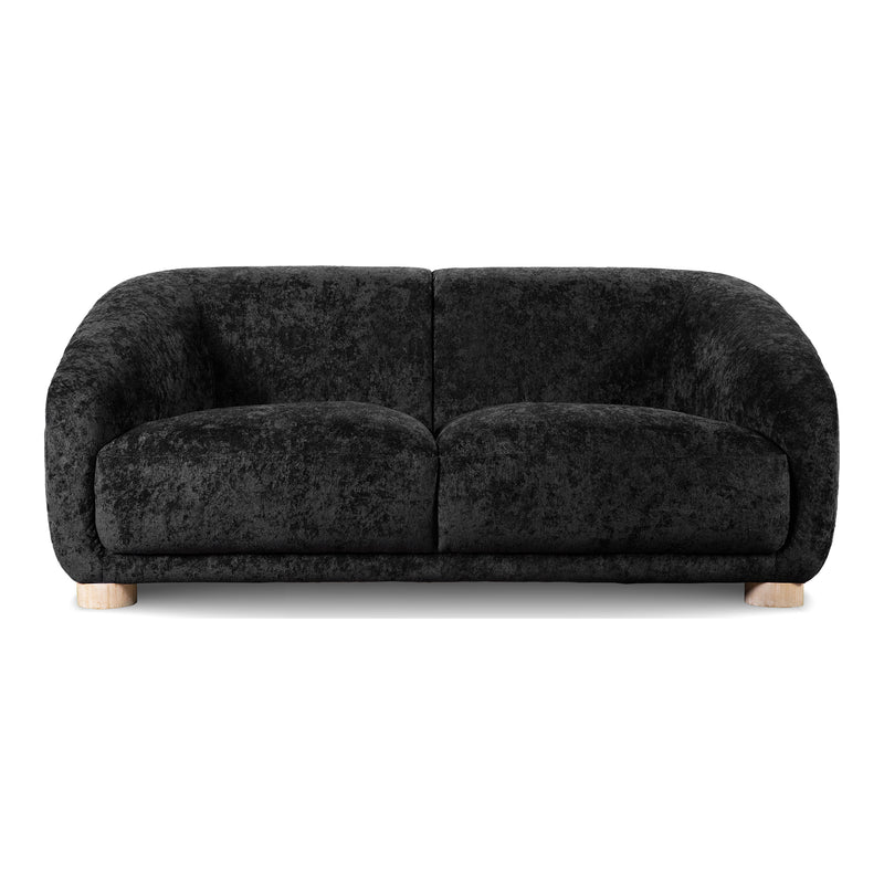 Front facing contemporary black chenille sloping tuxedo loveseat on a white background