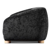 Front facing side view of a contemporary black chenille sloping tuxedo loveseat on a white background
