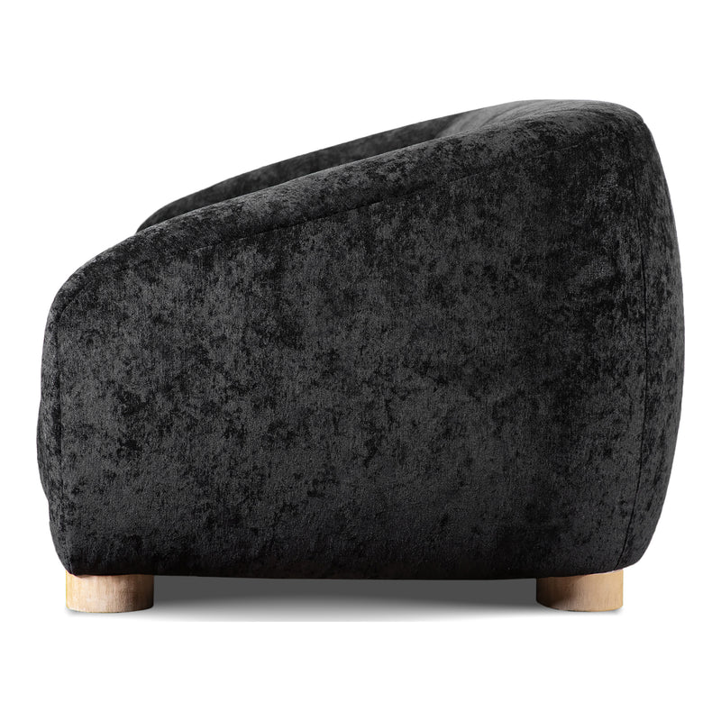 Front facing side view of a contemporary black chenille sloping tuxedo loveseat on a white background