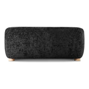 Front facing back view of a contemporary black chenille sloping tuxedo loveseat on a white background