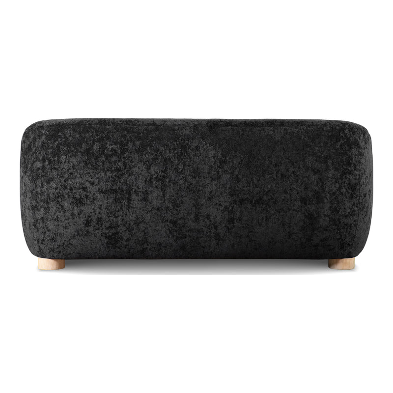 Front facing back view of a contemporary black chenille sloping tuxedo loveseat on a white background