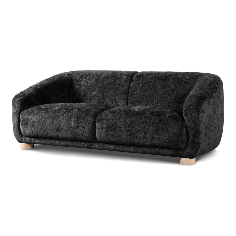 Left facing contemporary black chenille sloping tuxedo loveseat on a white background