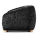 Front facing side view of a contemporary black chenille sloping tuxedo accent sofa on a white background