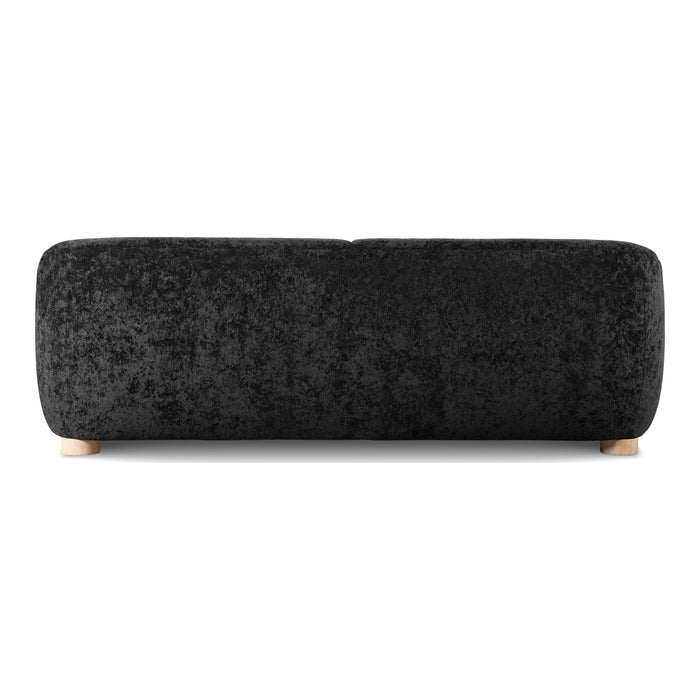Front facing back view of a contemporary black chenille sloping tuxedo accent sofa on a white background