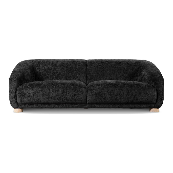 Front facing contemporary black chenille sloping tuxedo accent sofa on a white background