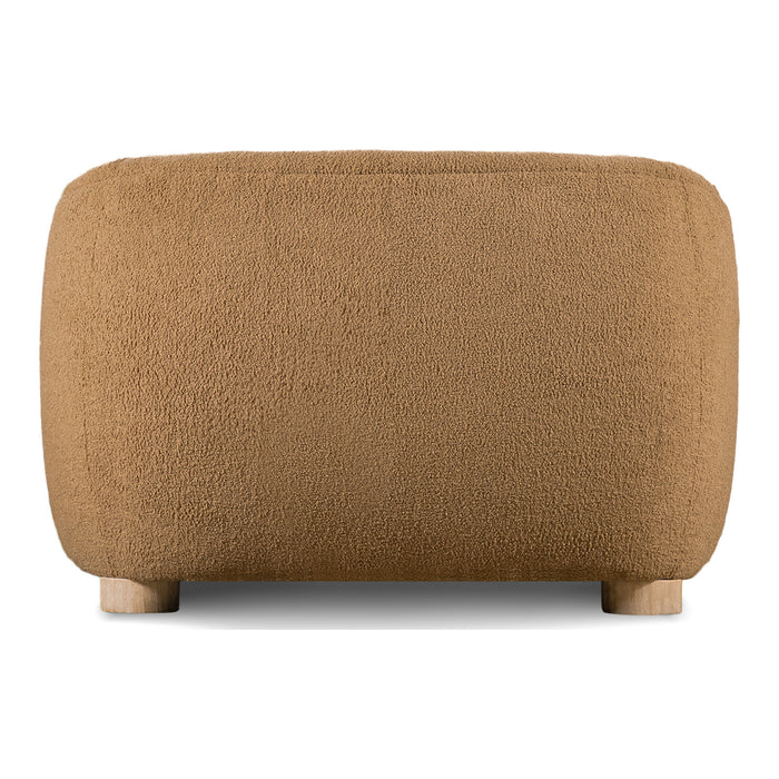 Front facing back view of a contemporary brown chenille sloping tuxedo accent armchair on a white background