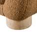 Left facing close up view of the leg on a contemporary brown chenille sloping tuxedo accent armchair on a white background