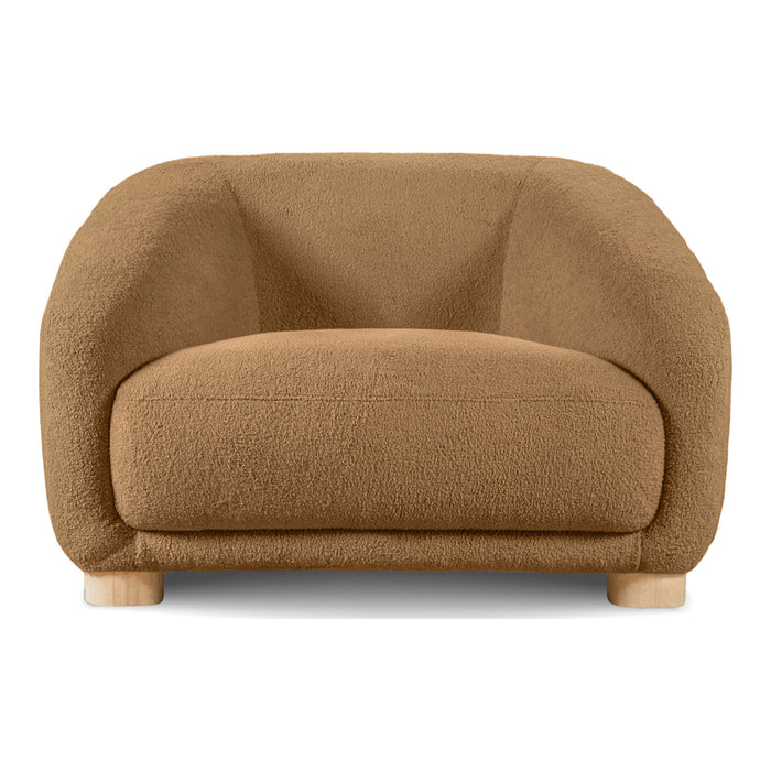 Front facing contemporary brown chenille sloping tuxedo accent armchair on a white background