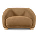 Front facing contemporary brown chenille sloping tuxedo accent armchair on a white background