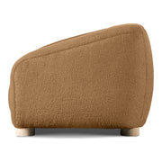 Front facing side view of a contemporary brown chenille sloping tuxedo loveseat on a white background