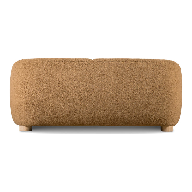 Front facing back view of a contemporary brown chenille sloping tuxedo loveseat on a white background