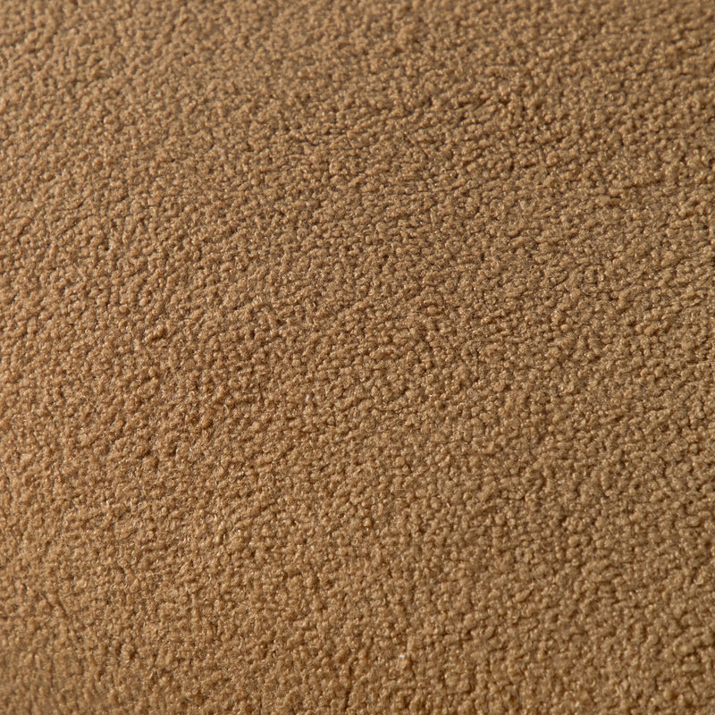 Swatch of the upholstery fabric on a contemporary brown chenille sloping tuxedo loveseat