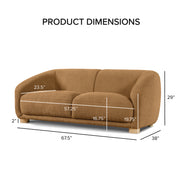Informational image of the dimensions of a contemporary brown chenille sloping tuxedo loveseat