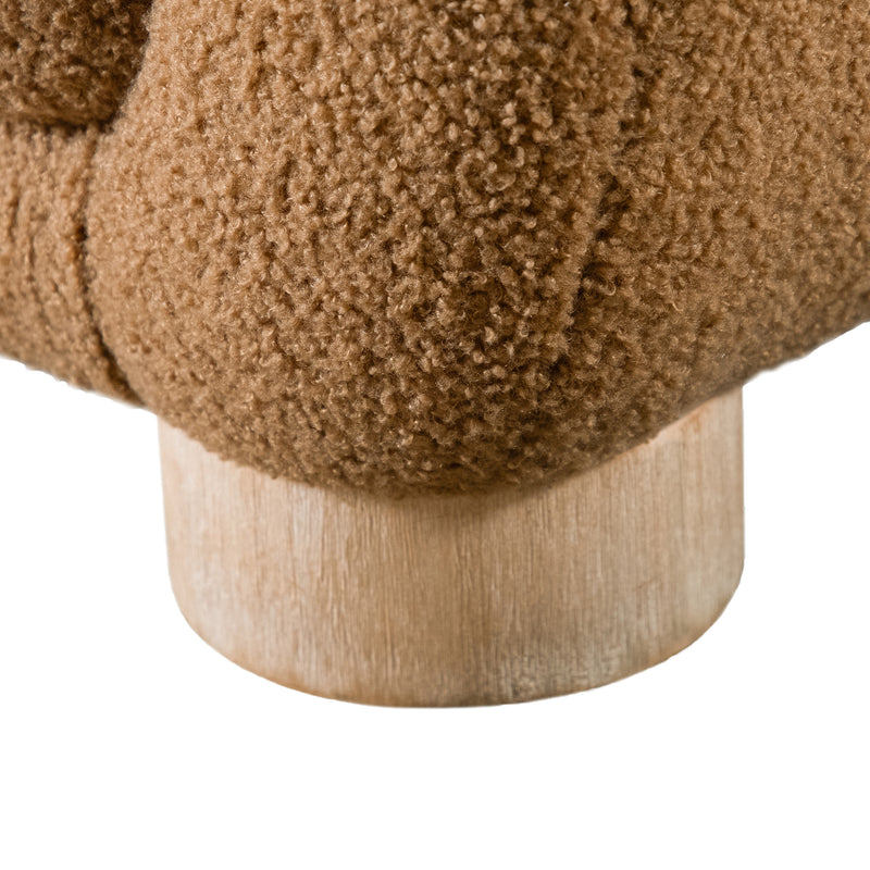 Left facing close up view of the leg on a contemporary brown chenille sloping tuxedo loveseat on a white background