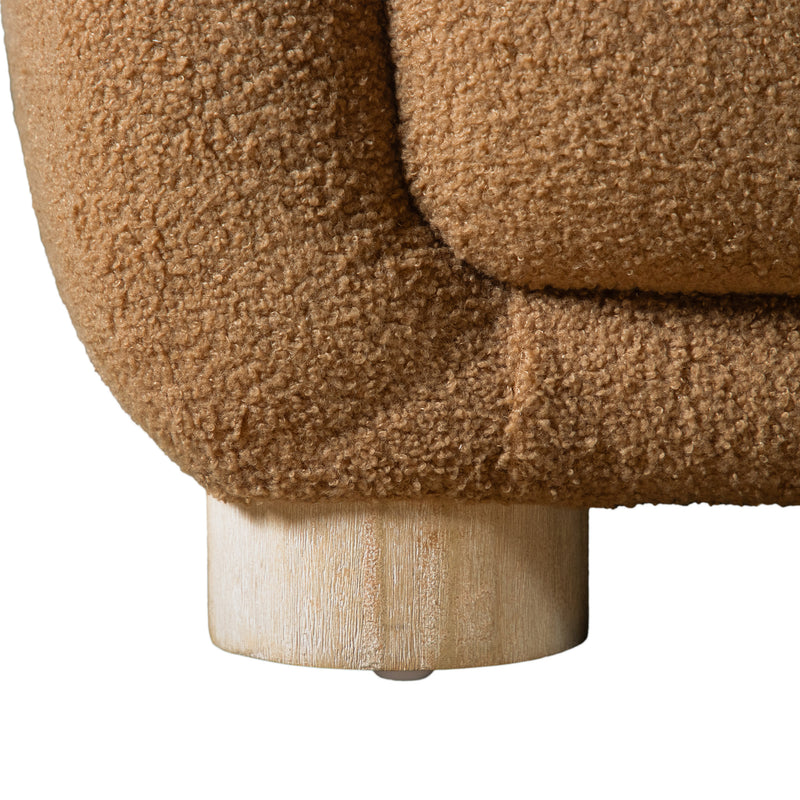 Front facing close up view of the leg on a contemporary brown chenille sloping tuxedo loveseat on a white background