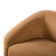 Left facing close up view of the inner armrest on a contemporary brown chenille sloping tuxedo loveseat on a white background