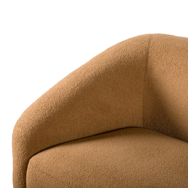 Left facing close up view of the inner armrest on a contemporary brown chenille sloping tuxedo loveseat on a white background