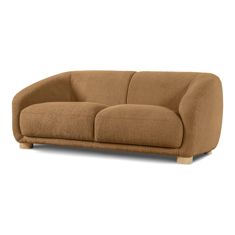 Left facing contemporary brown chenille sloping tuxedo loveseat on a white background