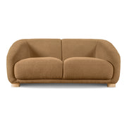 Front facing contemporary brown chenille sloping tuxedo loveseat on a white background