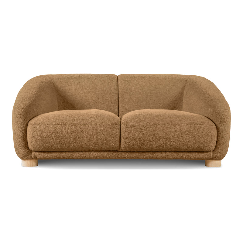 Front facing contemporary brown chenille sloping tuxedo loveseat on a white background