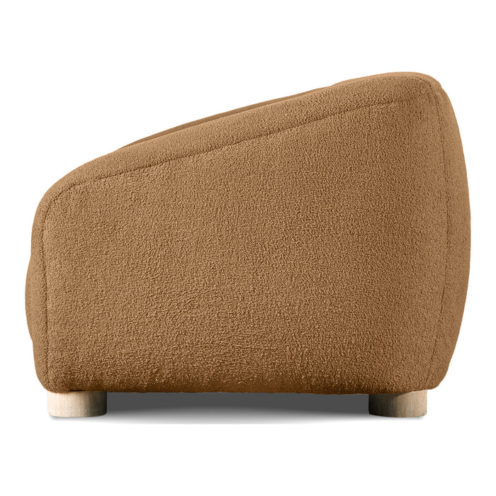 Front facing side view of a contemporary brown chenille sloping tuxedo sofa on a white background