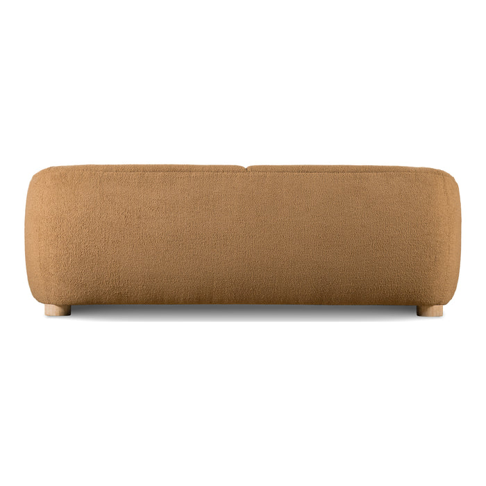 Front facing back view of a contemporary brown chenille sloping tuxedo sofa on a white background
