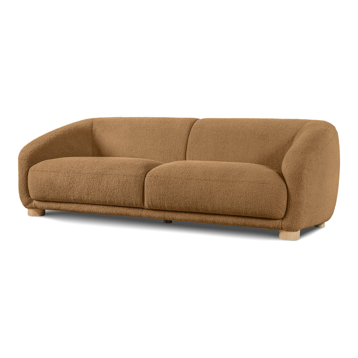 Left facing contemporary brown chenille sloping tuxedo sofa on a white background