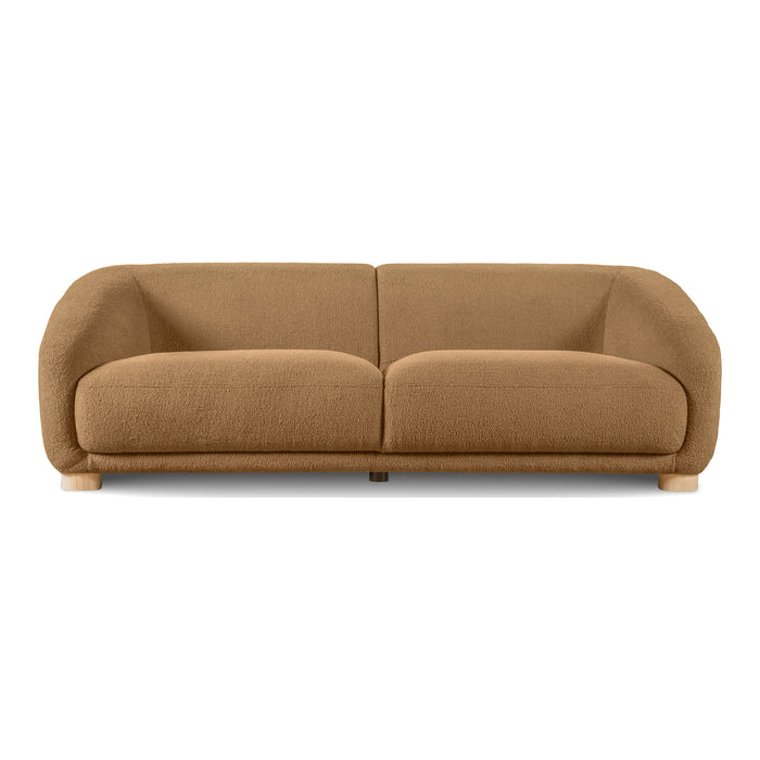 Front facing contemporary brown chenille sloping tuxedo sofa on a white background