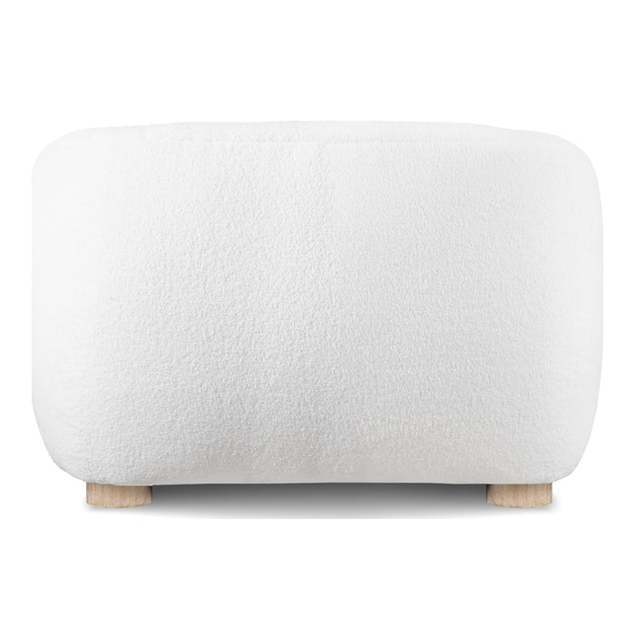 Front facing back view of a contemporary white chenille sloping tuxedo accent armchair on a white background