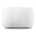 Front facing back view of a contemporary white chenille sloping tuxedo accent armchair on a white background