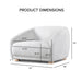 Informational image of the dimensions of a contemporary white chenille sloping tuxedo accent armchair