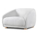 Left facing contemporary white chenille sloping tuxedo accent armchair on a white background