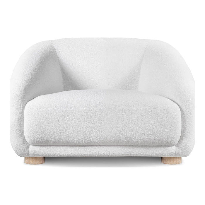 Front facing contemporary white chenille sloping tuxedo accent armchair on a white background