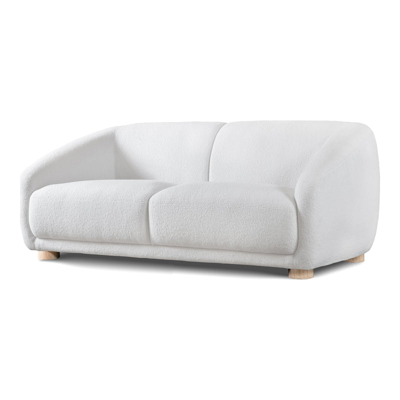 Left facing contemporary white chenille sloping tuxedo loveseat on a white background
