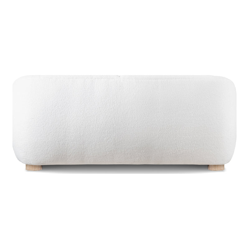 Front facing back view of a contemporary brown chenille sloping tuxedo loveseat on a white background