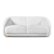 Front facing contemporary brown chenille sloping tuxedo loveseat on a white background