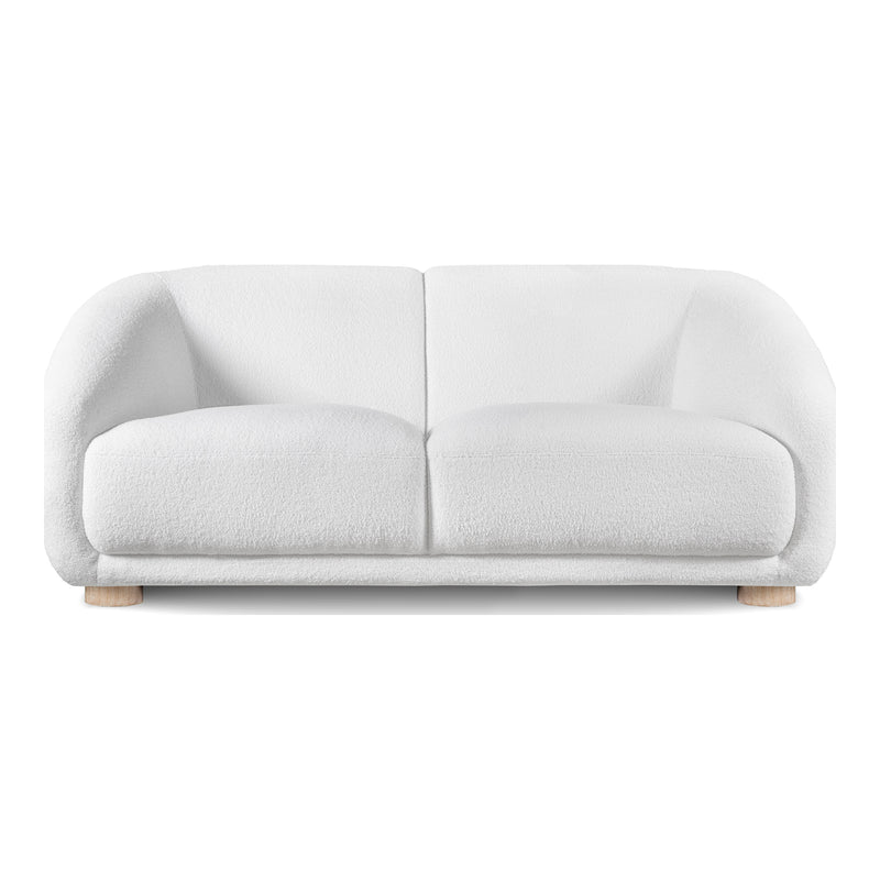 Front facing contemporary brown chenille sloping tuxedo loveseat on a white background