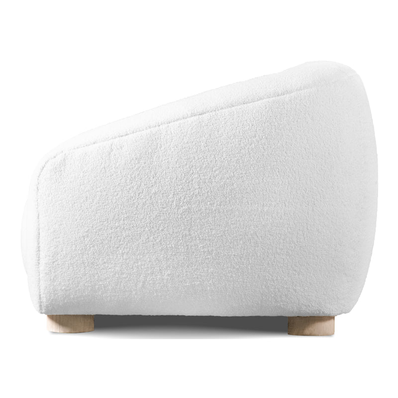 Front facing side view of a contemporary brown chenille sloping tuxedo loveseat on a white background