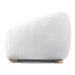 Front facing side view of a contemporary brown chenille sloping tuxedo loveseat on a white background