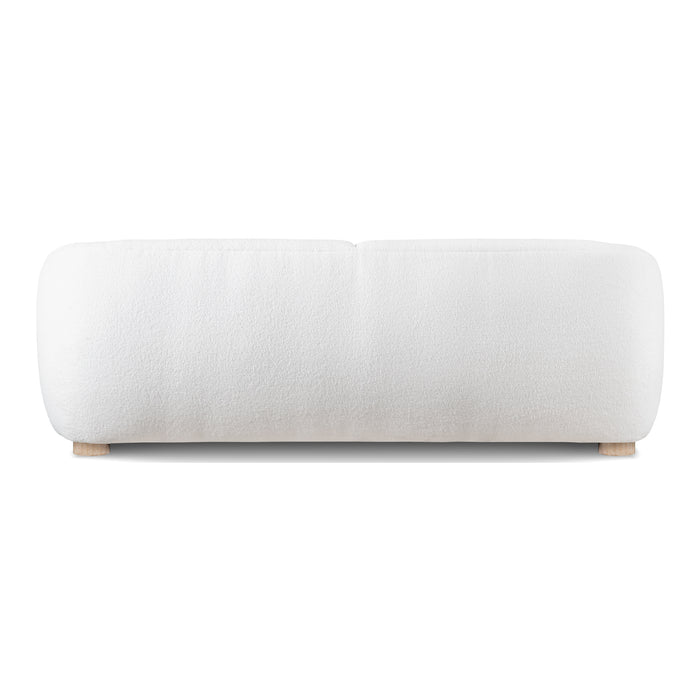 Front facing back view of a contemporary brown chenille sloping tuxedo sofa on a white background