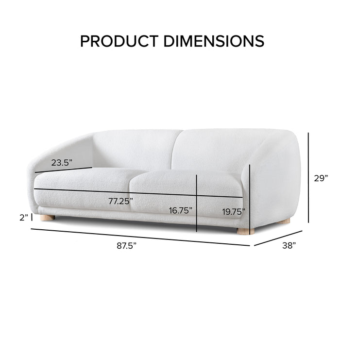 Informational image of the dimensions of a contemporary white chenille sloping tuxedo accent sofa